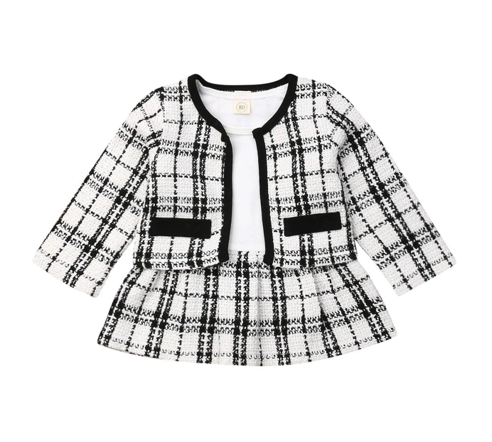 2PCS Spring Autumn Winter  Party Baby Girls Clothes Plaid Coat Tops+Tutu Dress Formal Outfits Fit For 0-6 Years