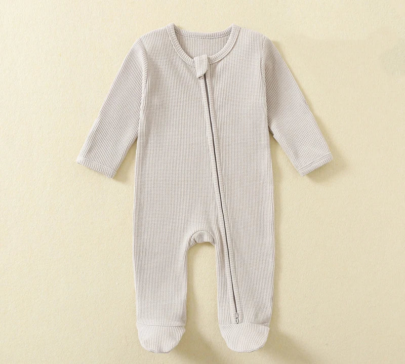 Organic Cotton Baby Rompers Waffle 100% Cotton Infant Boys Girls Jumpsuit Zipper Footed Solid Long-Sleeve Pajamas Sleepsuits