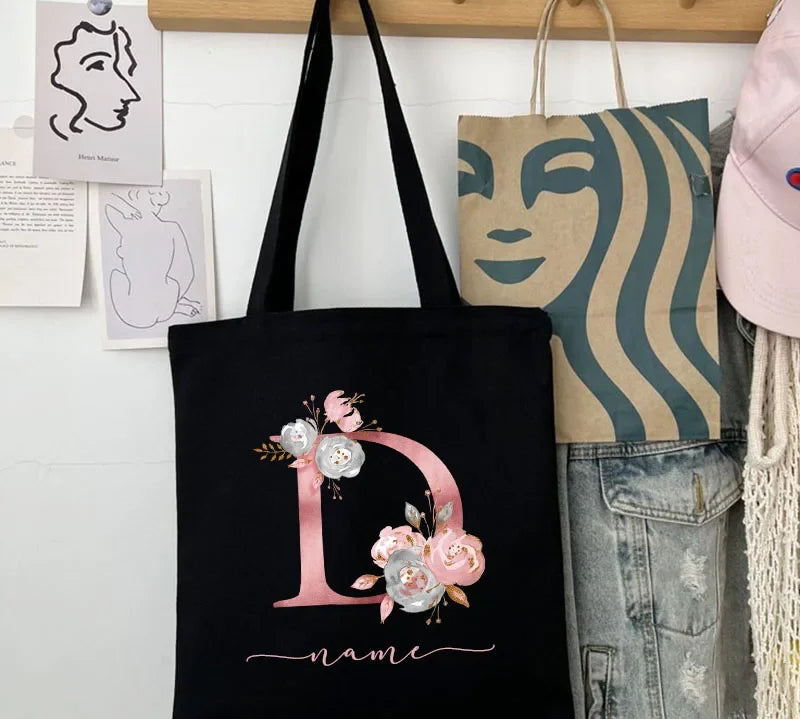 New Black Personalized Customized Name Fashion Women Pink Flower Letter Canvas Bag Leisure Shopping Large Capacity Folding Gift