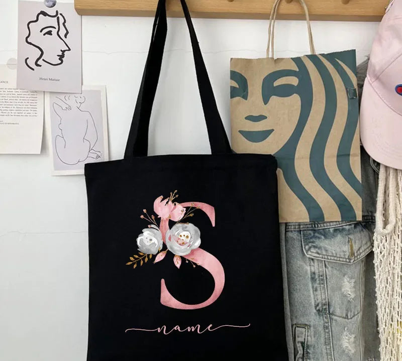 New Black Personalized Customized Name Fashion Women Pink Flower Letter Canvas Bag Leisure Shopping Large Capacity Folding Gift