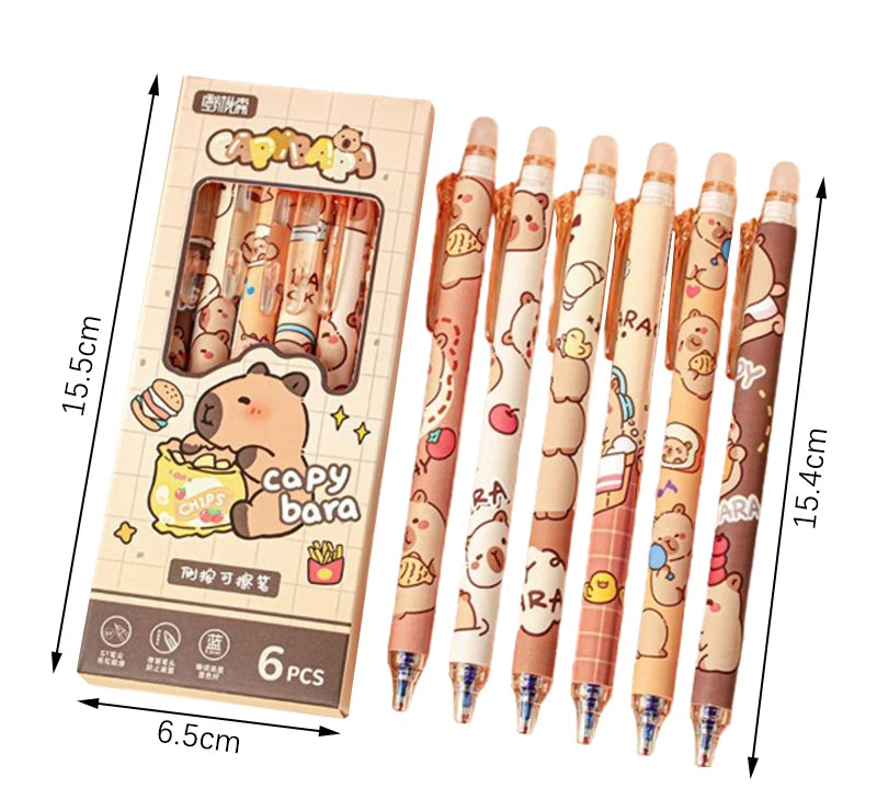 6Pcs Cute Capybara Erasable Pen Blue Ink Writing Smooth Quick-Drying Pens School Office Accessories Students Stationery Gift