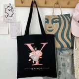 New Black Personalized Customized Name Fashion Women Pink Flower Letter Canvas Bag Leisure Shopping Large Capacity Folding Gift