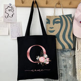 New Black Personalized Customized Name Fashion Women Pink Flower Letter Canvas Bag Leisure Shopping Large Capacity Folding Gift