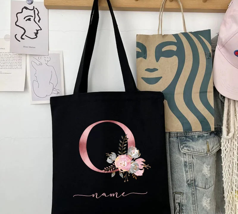 New Black Personalized Customized Name Fashion Women Pink Flower Letter Canvas Bag Leisure Shopping Large Capacity Folding Gift