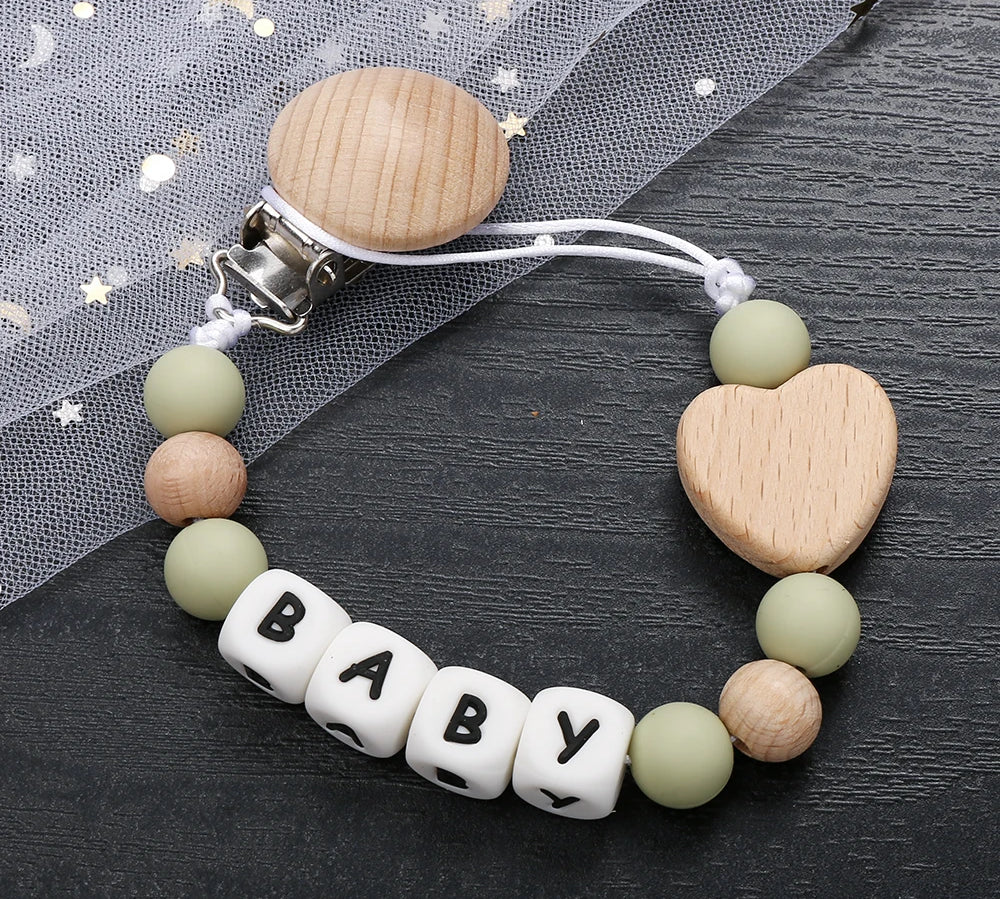 Fashion Personalized Name Baby Pacifier Clips Wooden Dummy Nipple Holder Clip Chain Silicone Letter Beads Newborn Teething Toys