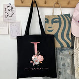 New Black Personalized Customized Name Fashion Women Pink Flower Letter Canvas Bag Leisure Shopping Large Capacity Folding Gift