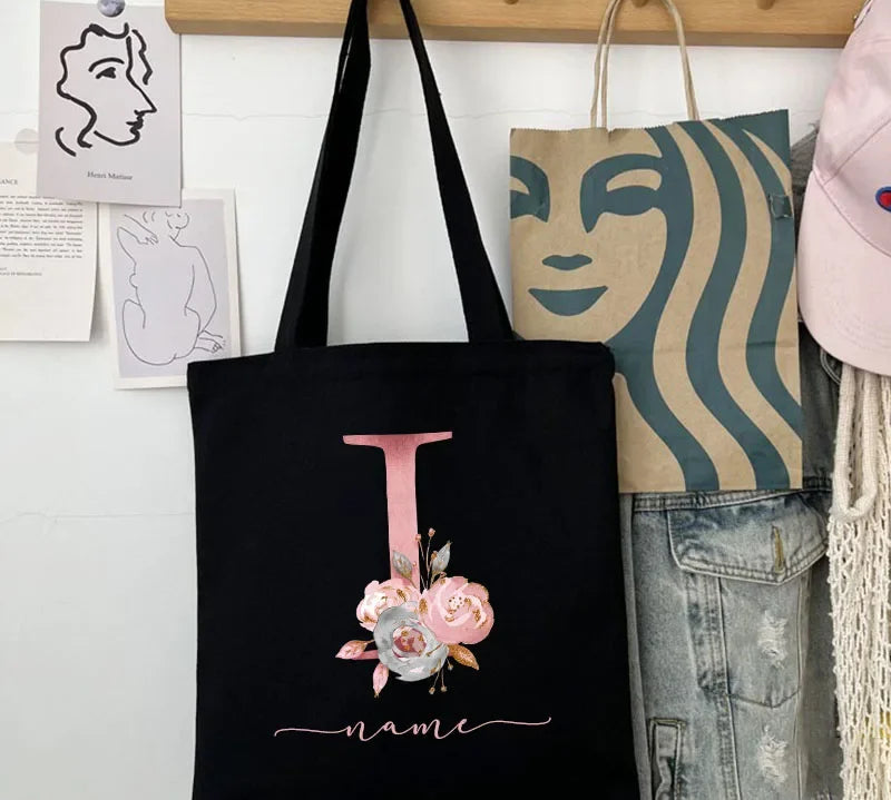 New Black Personalized Customized Name Fashion Women Pink Flower Letter Canvas Bag Leisure Shopping Large Capacity Folding Gift