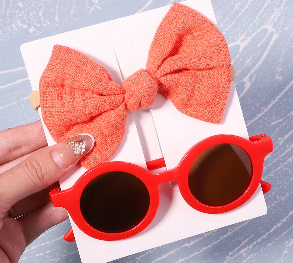 2Pcs/Pack Vintage Kids Summer Bows Headband Round Sunglasses Children Sun Glasses Protection Glasses Baby Hair Accessories