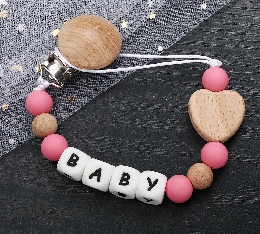 Fashion Personalized Name Baby Pacifier Clips Wooden Dummy Nipple Holder Clip Chain Silicone Letter Beads Newborn Teething Toys