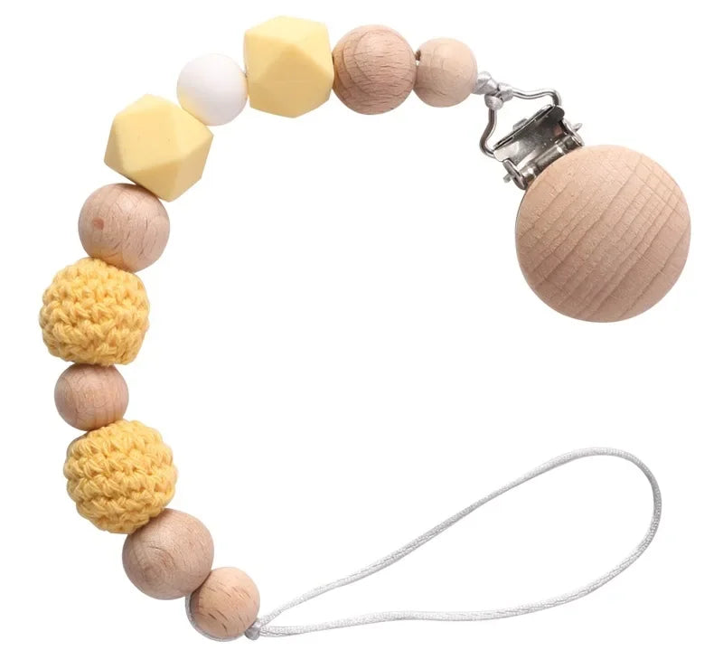 Baby Pacifier Clips Wood Silicone Crochet Beads Soothe Teethers Toy Dummy Nipple Holder Anti-drop Clip Chain Newborn Accessories