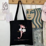 New Black Personalized Customized Name Fashion Women Pink Flower Letter Canvas Bag Leisure Shopping Large Capacity Folding Gift