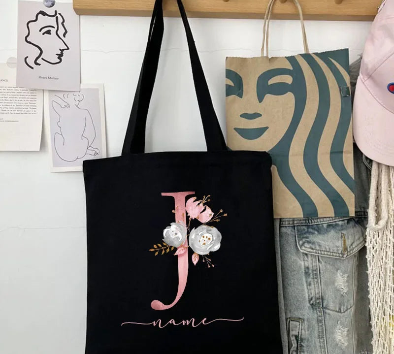 New Black Personalized Customized Name Fashion Women Pink Flower Letter Canvas Bag Leisure Shopping Large Capacity Folding Gift