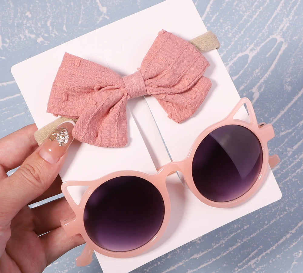 2Pcs/Pack Vintage Kids Summer Bows Headband Round Sunglasses Children Sun Glasses Protection Glasses Baby Hair Accessories