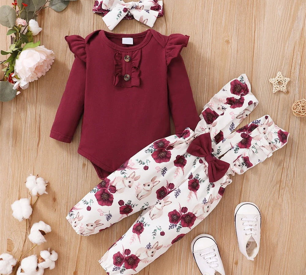 0-18Months Baby Girl Clothes Set Red Color Long Sleevs Bodysuit + Flower Strap Pants 2PCS Infant Girl New Years Clothing Suit