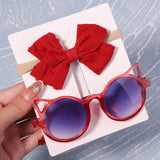 2Pcs/Pack Vintage Kids Summer Bows Headband Round Sunglasses Children Sun Glasses Protection Glasses Baby Hair Accessories