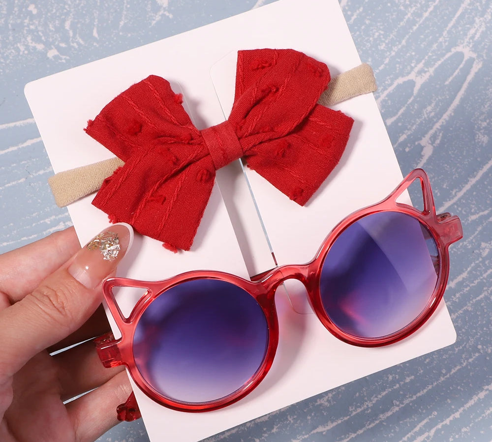 2Pcs/Pack Vintage Kids Summer Bows Headband Round Sunglasses Children Sun Glasses Protection Glasses Baby Hair Accessories