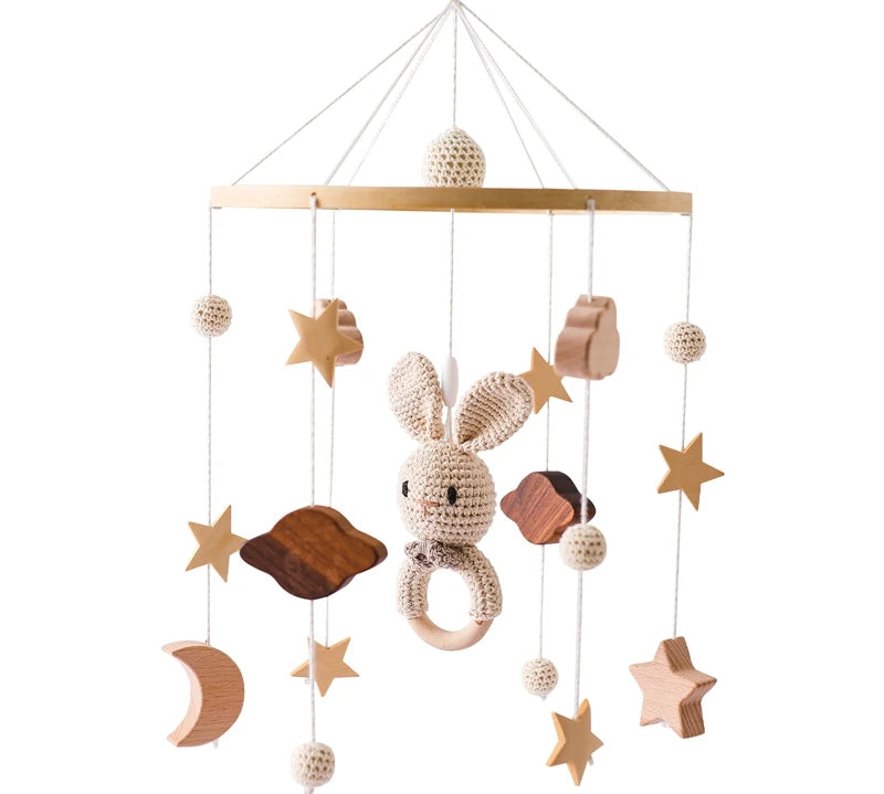 Let's Make Wooden Baby Rattles Soft Felt Cartoon Bear Cloudy Star Moon Hanging Bed Bell Mobile Crib Montessori Education Toys