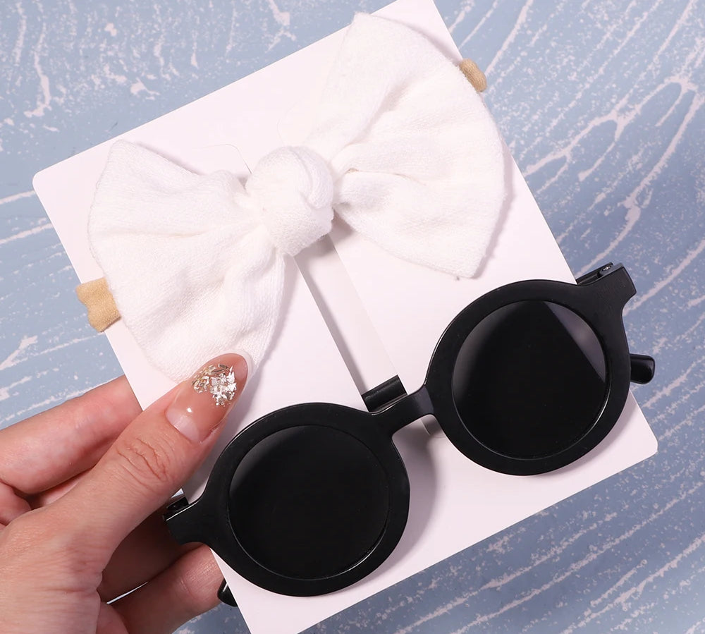 2Pcs/Pack Vintage Kids Summer Bows Headband Round Sunglasses Children Sun Glasses Protection Glasses Baby Hair Accessories