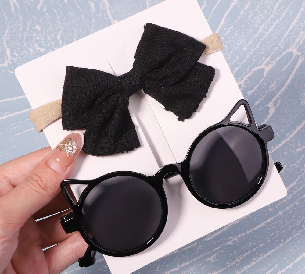 2Pcs/Pack Vintage Kids Summer Bows Headband Round Sunglasses Children Sun Glasses Protection Glasses Baby Hair Accessories