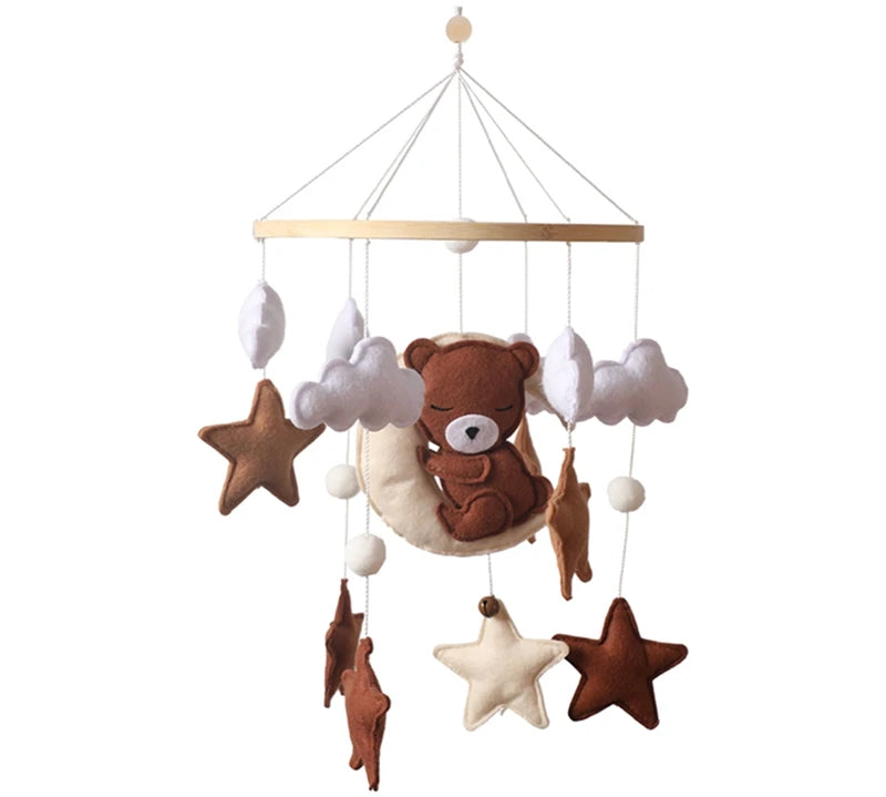 Let's Make Wooden Baby Rattles Soft Felt Cartoon Bear Cloudy Star Moon Hanging Bed Bell Mobile Crib Montessori Education Toys