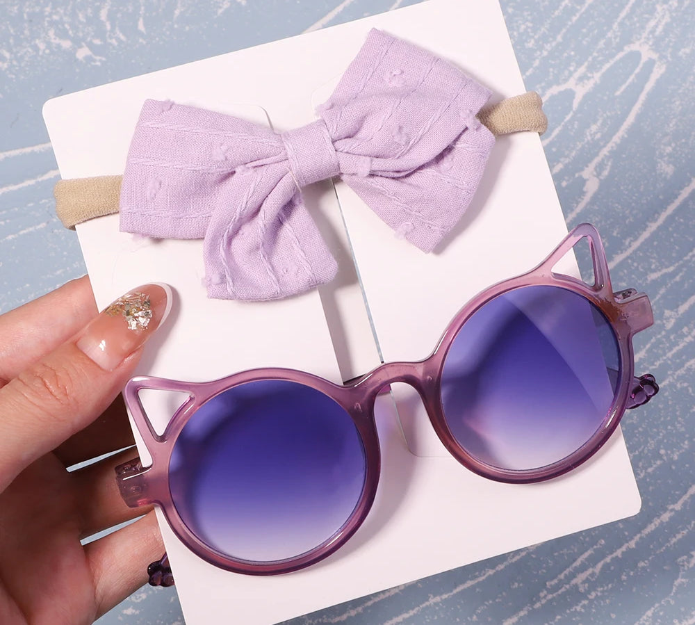 2Pcs/Pack Vintage Kids Summer Bows Headband Round Sunglasses Children Sun Glasses Protection Glasses Baby Hair Accessories