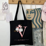 New Black Personalized Customized Name Fashion Women Pink Flower Letter Canvas Bag Leisure Shopping Large Capacity Folding Gift