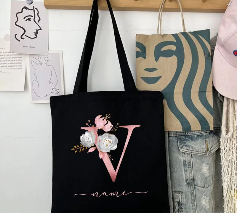 New Black Personalized Customized Name Fashion Women Pink Flower Letter Canvas Bag Leisure Shopping Large Capacity Folding Gift