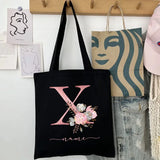 New Black Personalized Customized Name Fashion Women Pink Flower Letter Canvas Bag Leisure Shopping Large Capacity Folding Gift