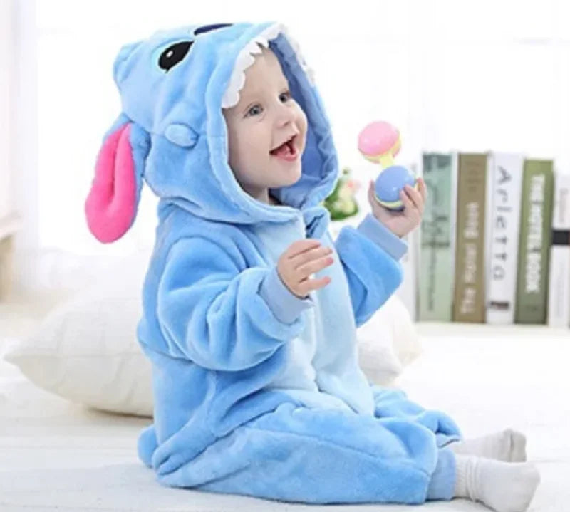 Baby Rompers Stitch Jumpsuits Kids Cosplay Winter Flannel One-Pieces Hooded Jumpers Overall Girl Grows Boy Growings Roupa Bebe