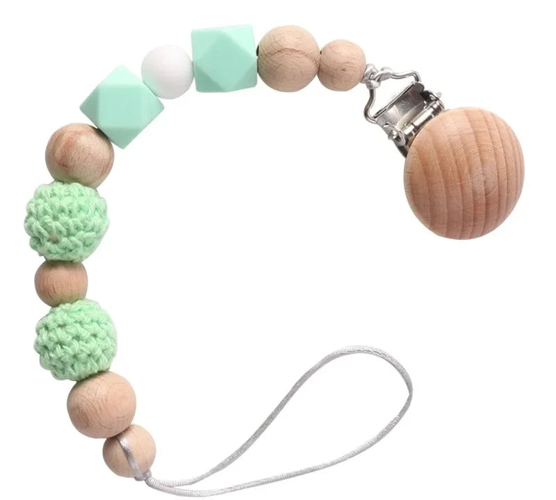 Baby Pacifier Clips Wood Silicone Crochet Beads Soothe Teethers Toy Dummy Nipple Holder Anti-drop Clip Chain Newborn Accessories