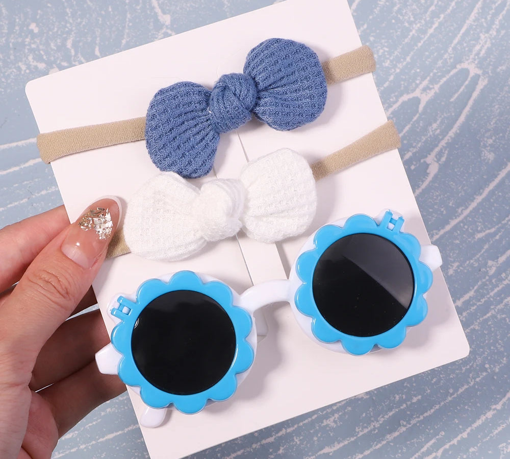 2Pcs/Pack Vintage Kids Summer Bows Headband Round Sunglasses Children Sun Glasses Protection Glasses Baby Hair Accessories