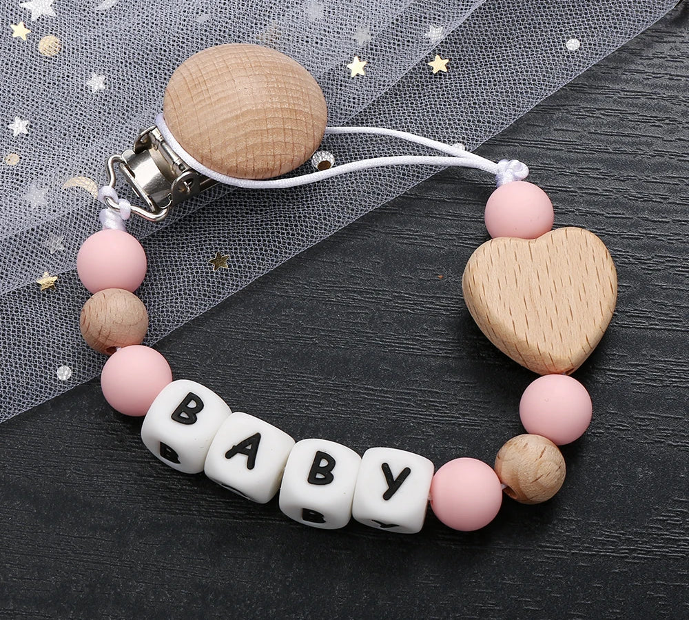 Fashion Personalized Name Baby Pacifier Clips Wooden Dummy Nipple Holder Clip Chain Silicone Letter Beads Newborn Teething Toys