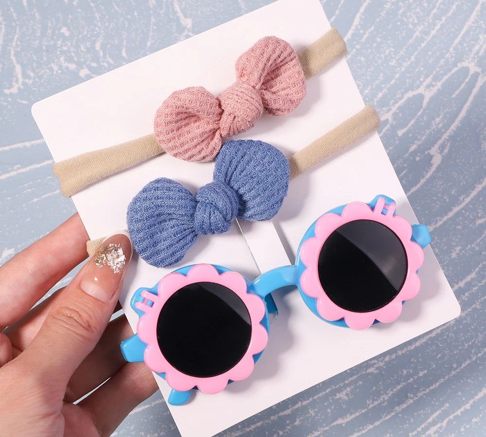 2Pcs/Pack Vintage Kids Summer Bows Headband Round Sunglasses Children Sun Glasses Protection Glasses Baby Hair Accessories