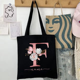 New Black Personalized Customized Name Fashion Women Pink Flower Letter Canvas Bag Leisure Shopping Large Capacity Folding Gift