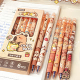 6Pcs Cute Capybara Erasable Pen Blue Ink Writing Smooth Quick-Drying Pens School Office Accessories Students Stationery Gift