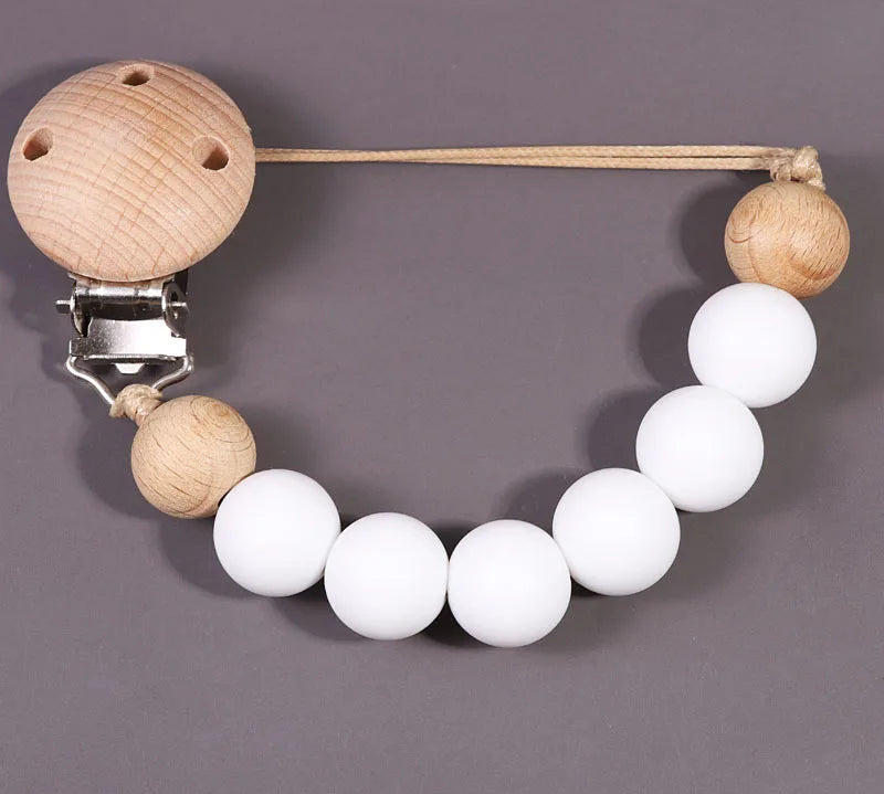 Baby Pacifier Clip Wood Color Silicone Bead Infant Teether Soother Anti-drop Chain Newborn Safe Teething Toy Dummy Nipple Holder