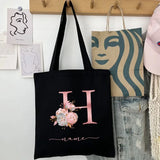 New Black Personalized Customized Name Fashion Women Pink Flower Letter Canvas Bag Leisure Shopping Large Capacity Folding Gift