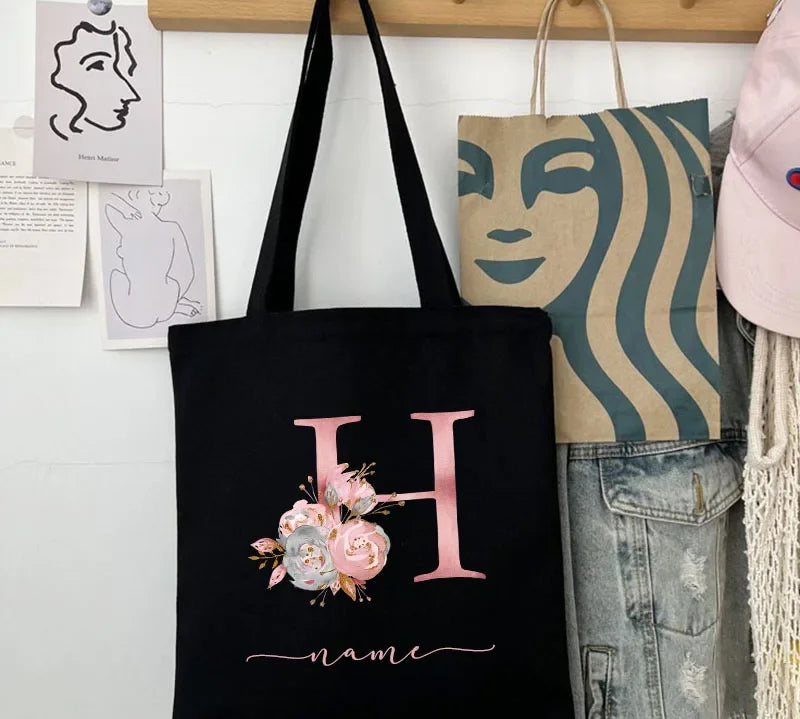 New Black Personalized Customized Name Fashion Women Pink Flower Letter Canvas Bag Leisure Shopping Large Capacity Folding Gift