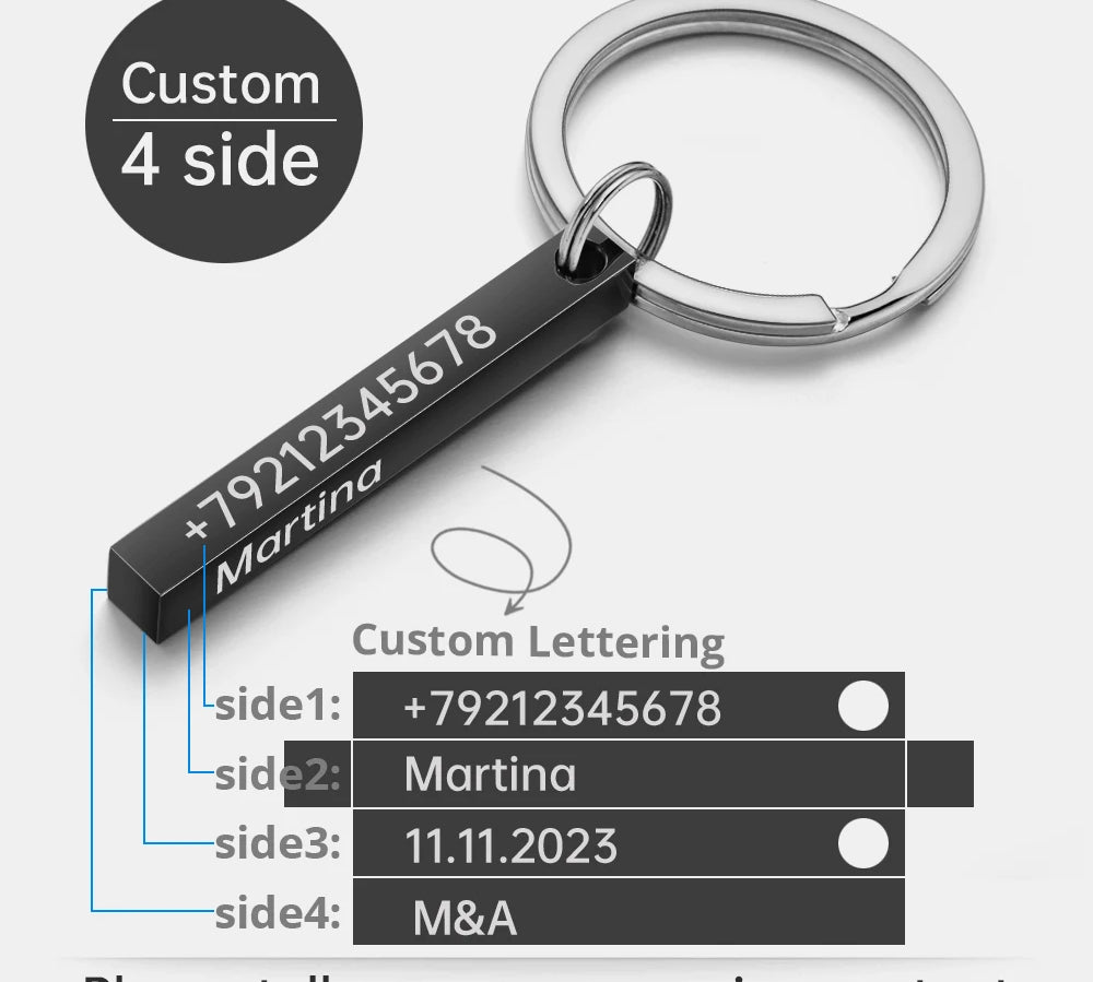 Stainless Steel Personalized Keychains 3D Bar Keyrings Engrave Text Name Date Custom Key Chains Rings Holder Love Gift P039