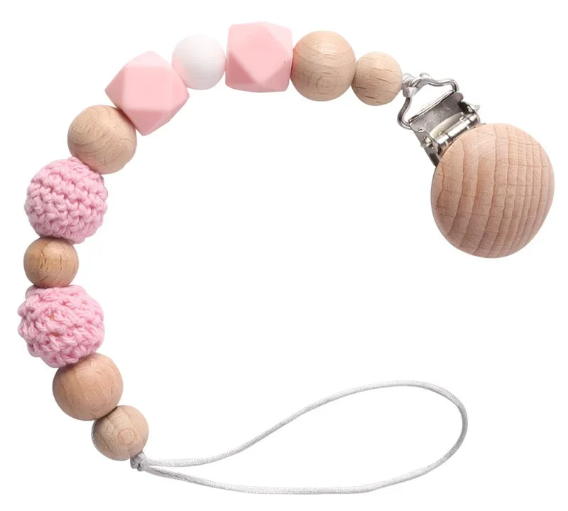 Baby Pacifier Clips Wood Silicone Crochet Beads Soothe Teethers Toy Dummy Nipple Holder Anti-drop Clip Chain Newborn Accessories