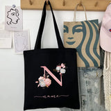 New Black Personalized Customized Name Fashion Women Pink Flower Letter Canvas Bag Leisure Shopping Large Capacity Folding Gift