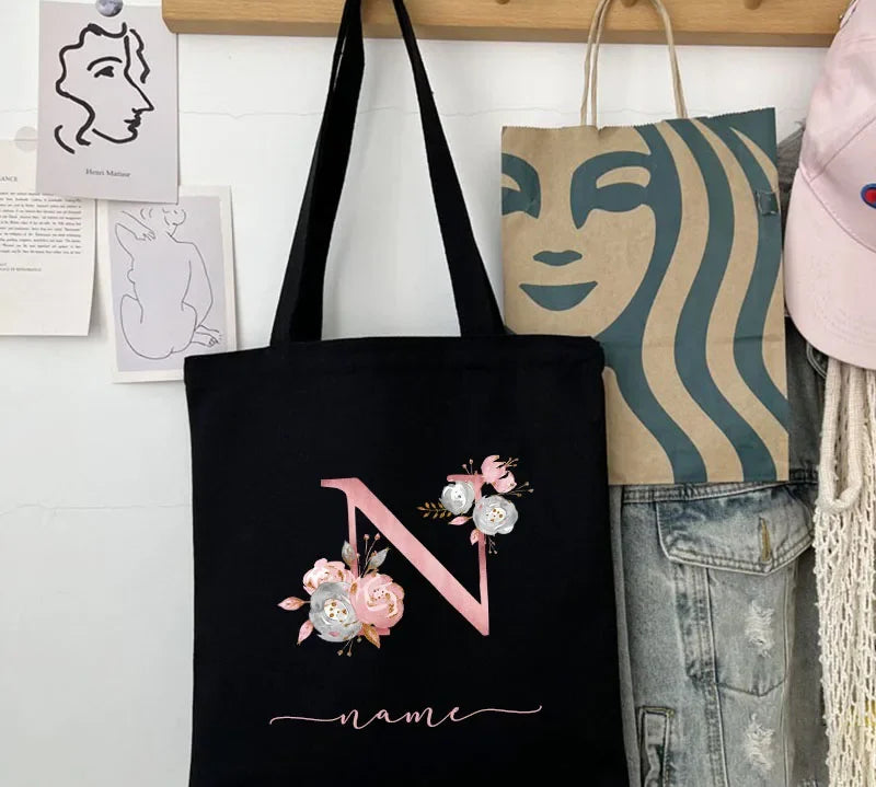 New Black Personalized Customized Name Fashion Women Pink Flower Letter Canvas Bag Leisure Shopping Large Capacity Folding Gift