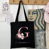 New Black Personalized Customized Name Fashion Women Pink Flower Letter Canvas Bag Leisure Shopping Large Capacity Folding Gift