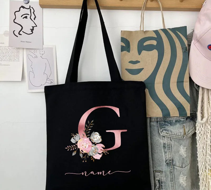 New Black Personalized Customized Name Fashion Women Pink Flower Letter Canvas Bag Leisure Shopping Large Capacity Folding Gift