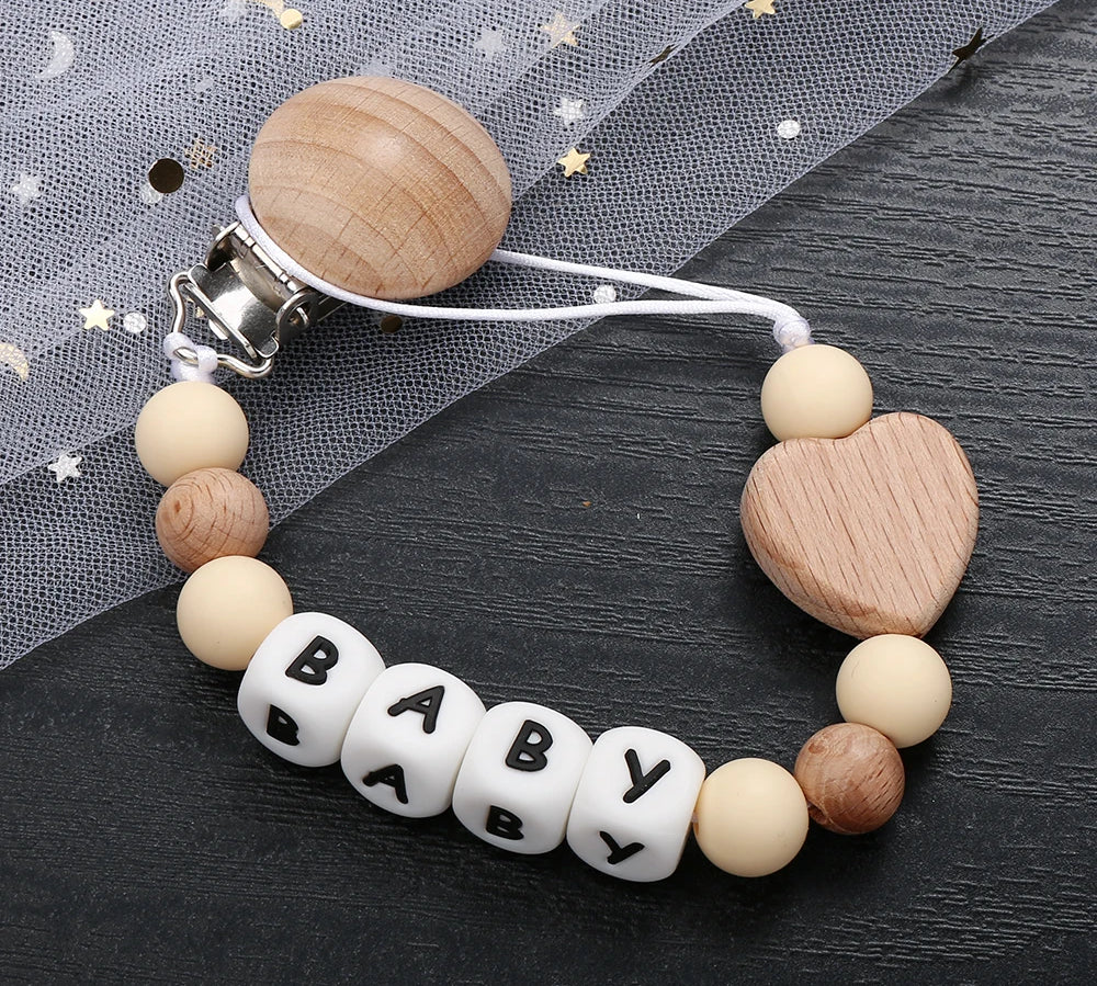 Fashion Personalized Name Baby Pacifier Clips Wooden Dummy Nipple Holder Clip Chain Silicone Letter Beads Newborn Teething Toys