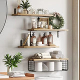 Wall Shelves Floating Mounted Wooden Storage Rack Kitchen Bathroom Organizer Home Decor Garden Bathroom Accessories 4 Piece Set