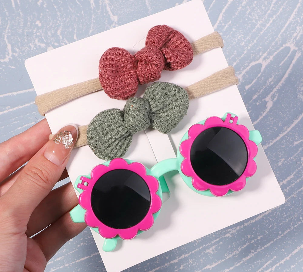 2Pcs/Pack Vintage Kids Summer Bows Headband Round Sunglasses Children Sun Glasses Protection Glasses Baby Hair Accessories