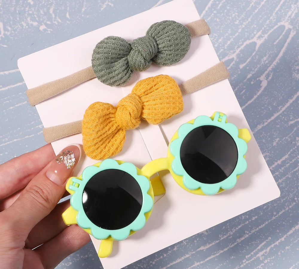 2Pcs/Pack Vintage Kids Summer Bows Headband Round Sunglasses Children Sun Glasses Protection Glasses Baby Hair Accessories