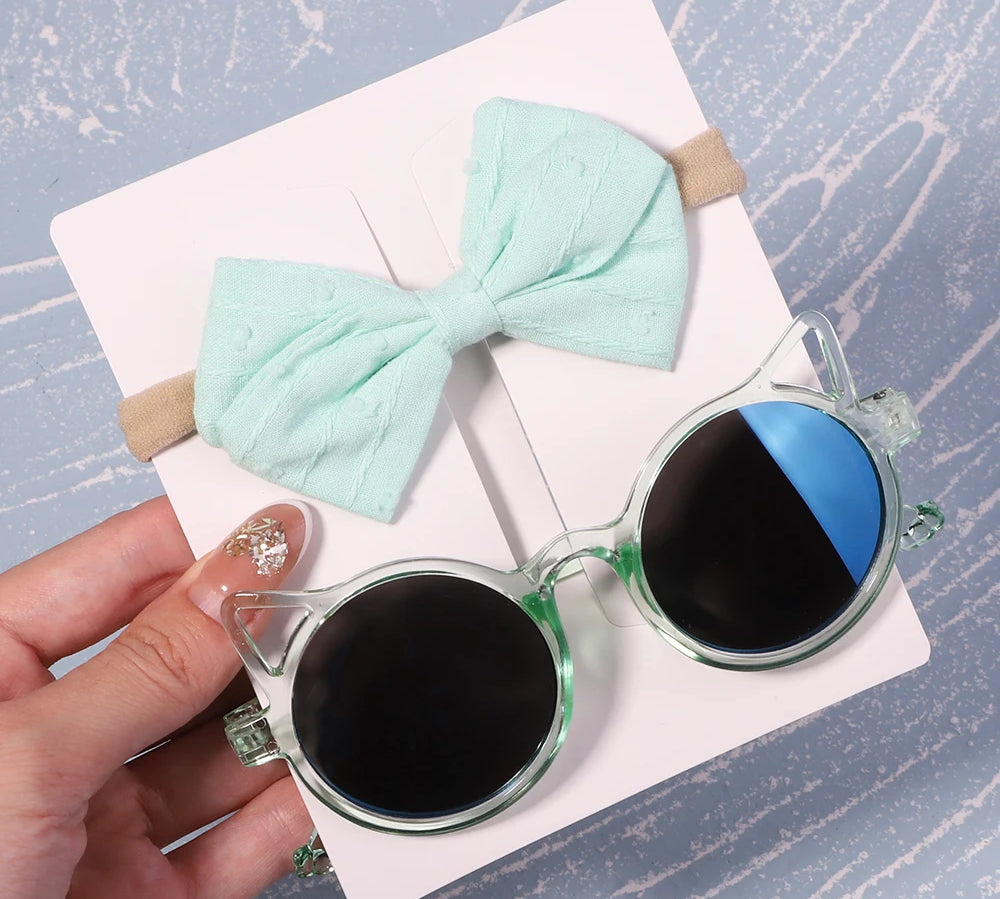 2Pcs/Pack Vintage Kids Summer Bows Headband Round Sunglasses Children Sun Glasses Protection Glasses Baby Hair Accessories