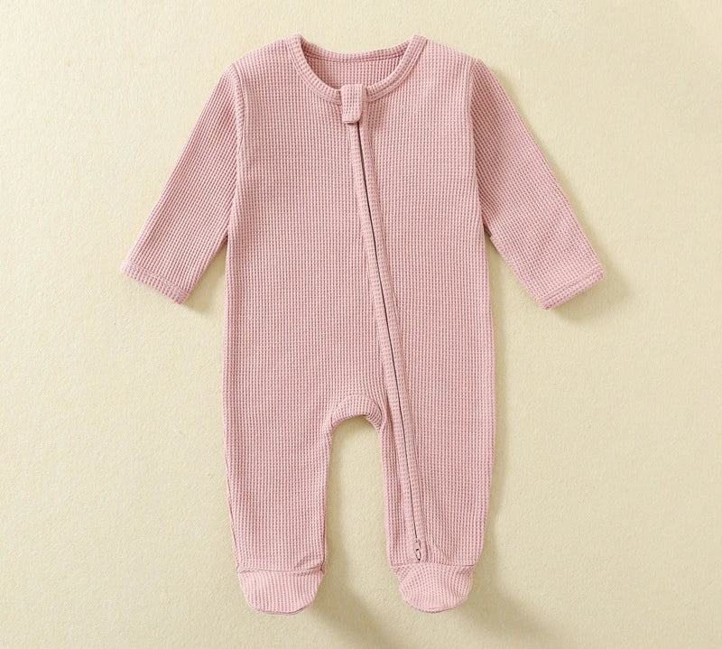 Organic Cotton Baby Rompers Waffle 100% Cotton Infant Boys Girls Jumpsuit Zipper Footed Solid Long-Sleeve Pajamas Sleepsuits